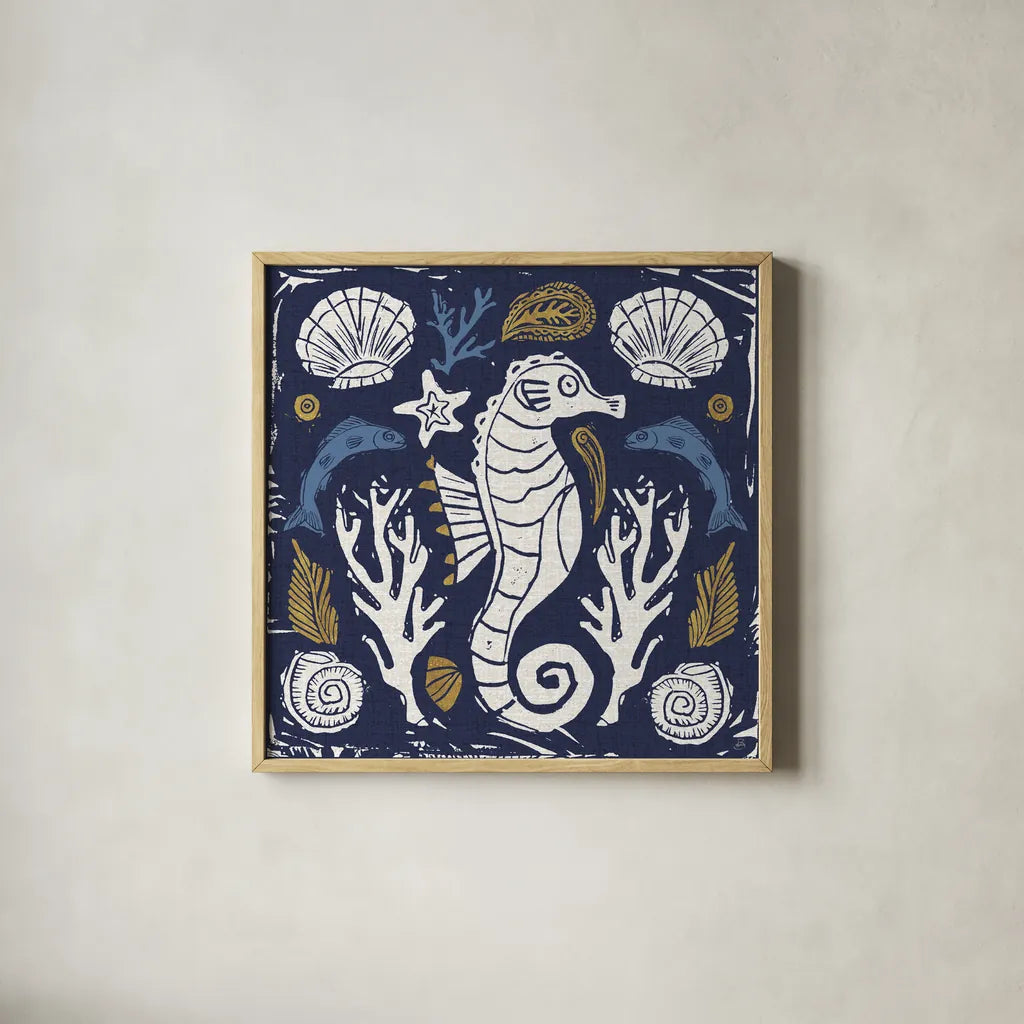 Primitive Sea VI Dark by Daphne Brissonnet. Shown in a natural wood glass frame for a timeless modern aesthetic. Available as an archival giclee rolled canvas, fine art paper, or poster print. SKU 63867a.