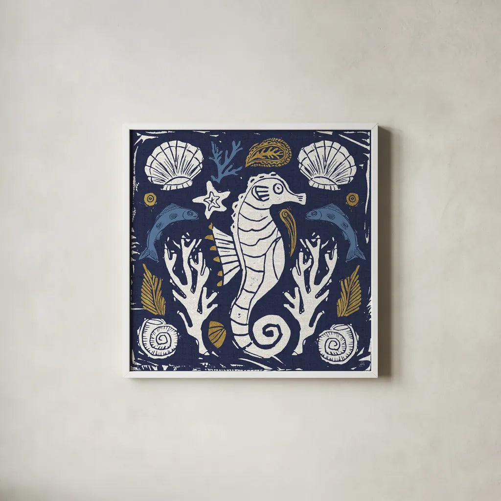 Primitive Sea VI Dark by Daphne Brissonnet. Shown in a crisp white glass frame for a clean and minimalist style. Available as an archival giclee rolled canvas, fine art paper, or poster print. SKU 63867a.