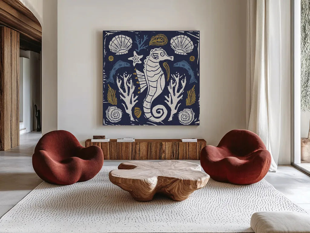 Primitive Sea VI Dark by Daphne Brissonnet. Shown as extra-large giant wall art in a modern living room. Available as an archival giclee rolled canvas, fine art paper, or poster print. SKU 63867a.