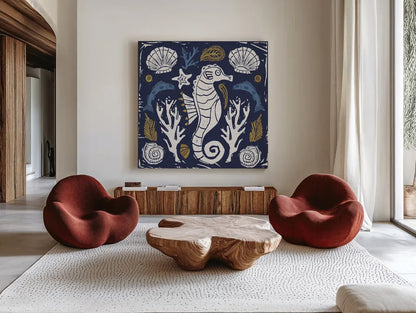 Primitive Sea VI Dark by Daphne Brissonnet. Shown as extra-large giant wall art in a modern living room. Available as an archival giclee rolled canvas, fine art paper, or poster print. SKU 63867a.