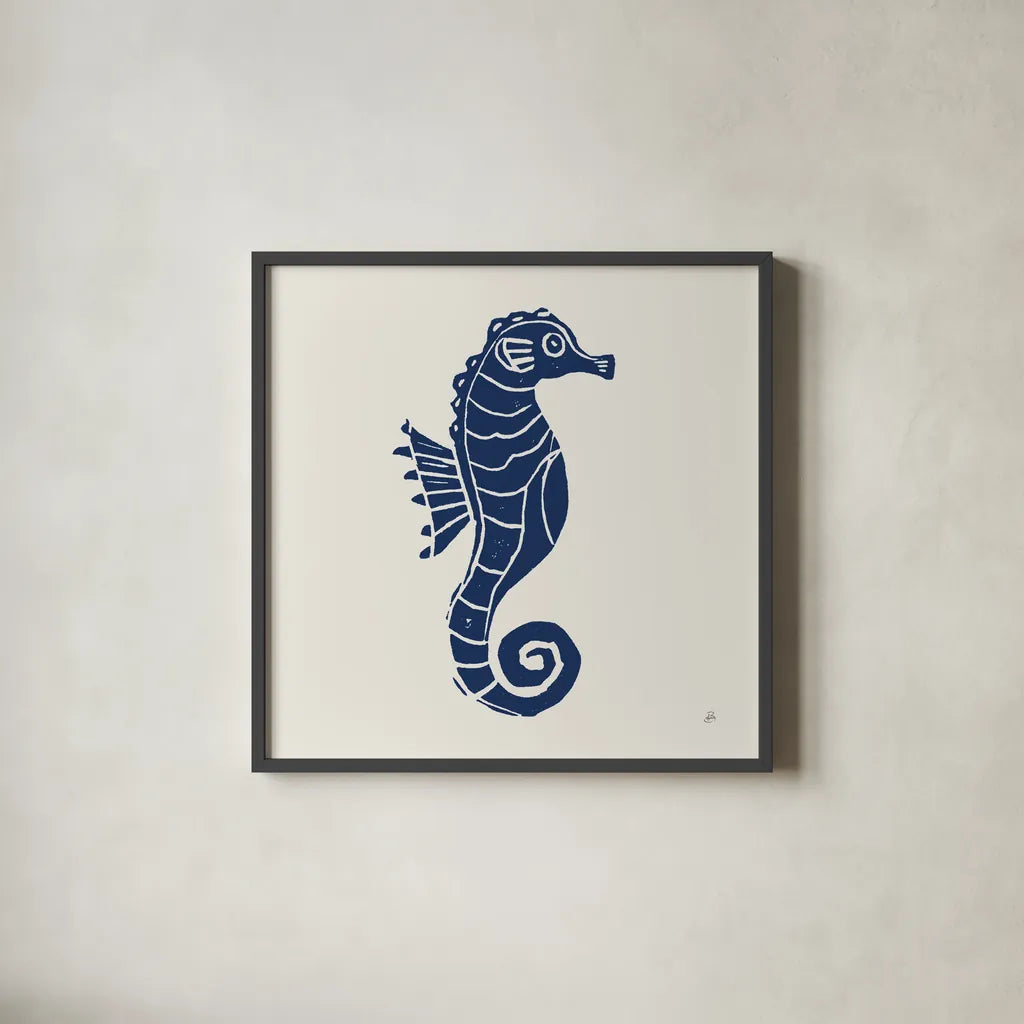 Primitive Sea VI Navy by Daphne Brissonnet. Shown in a sleek black glass frame for a contemporary gallery look. Available as an archival giclee rolled canvas, fine art paper, or poster print. SKU 65667a.
