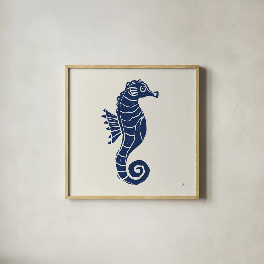 Primitive Sea VI Navy by Daphne Brissonnet. Shown in a natural wood glass frame for a timeless modern aesthetic. Available as an archival giclee rolled canvas, fine art paper, or poster print. SKU 65667a.