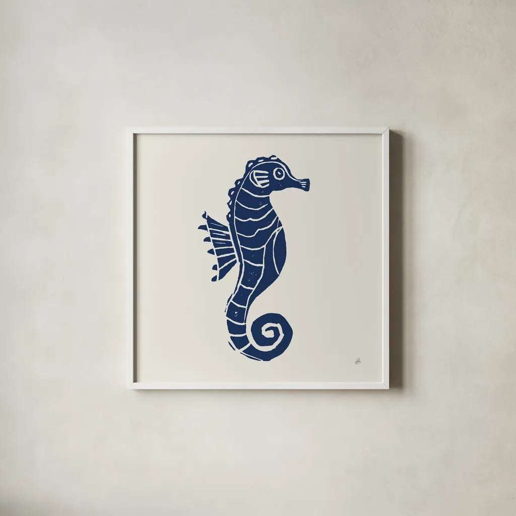 Primitive Sea VI Navy by Daphne Brissonnet. Shown in a crisp white glass frame for a clean and minimalist style. Available as an archival giclee rolled canvas, fine art paper, or poster print. SKU 65667a.