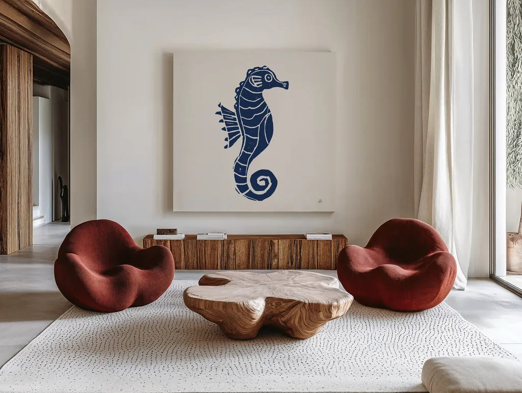 Primitive Sea VI Navy by Daphne Brissonnet. Shown as extra-large giant wall art in a modern living room. Available as an archival giclee rolled canvas, fine art paper, or poster print. SKU 65667a.