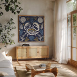 Primitive Sea VII Dark by Daphne Brissonnet. Shown in a natural wood frame in a cozy modern living room. Available as an archival giclee rolled canvas, fine art paper, or poster print. SKU 63868a.