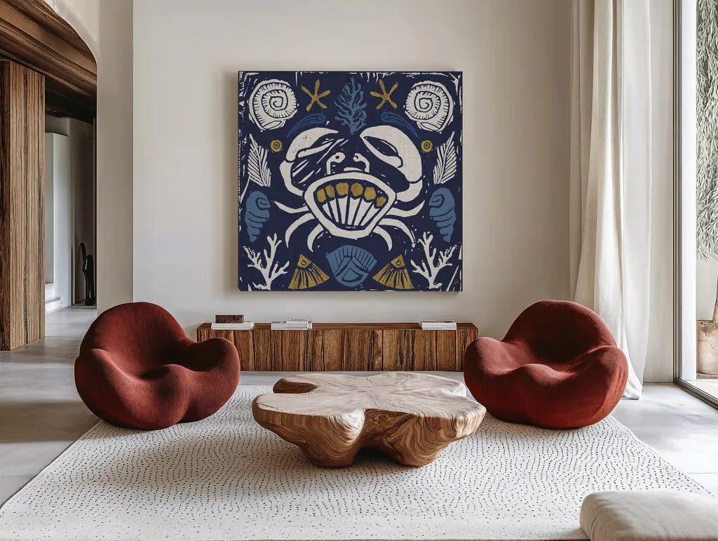 Primitive Sea VII Dark by Daphne Brissonnet. Shown as extra-large giant wall art in a modern living room. Available as an archival giclee rolled canvas, fine art paper, or poster print. SKU 63868a.