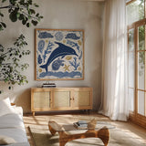 Primitive Sea VIII by Daphne Brissonnet. Shown in a natural wood frame in a cozy modern living room. Available as an archival giclee rolled canvas, fine art paper, or poster print. SKU 63861a.