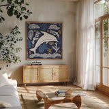 Primitive Sea VIII Dark by Daphne Brissonnet. Shown in a natural wood frame in a cozy modern living room. Available as an archival giclee rolled canvas, fine art paper, or poster print. SKU 63869a.
