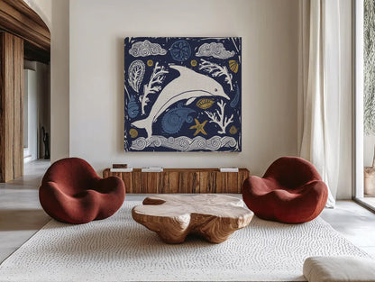 Primitive Sea VIII Dark by Daphne Brissonnet. Shown as extra-large giant wall art in a modern living room. Available as an archival giclee rolled canvas, fine art paper, or poster print. SKU 63869a.