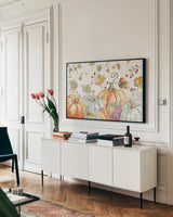 Pumpkin Patch I by Daphne Brissonnet. shown as a framed stretched canvas in a living room above a console. Available as a archival giclee rolled canvas, fine art paper, or poster print. SKU 38491i.