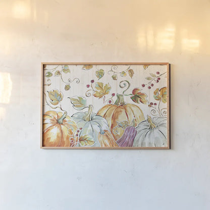 Pumpkin Patch I by Daphne Brissonnet. shown as a paper print in a natural frame. Available as a archival giclee rolled canvas, fine art paper, or poster print. SKU 38491i.