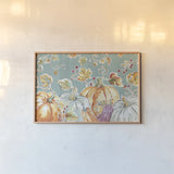 Pumpkin Patch I Aqua by Daphne Brissonnet. shown as a paper print in a natural frame. Available as a archival giclee rolled canvas, fine art paper, or poster print. SKU 38505i.