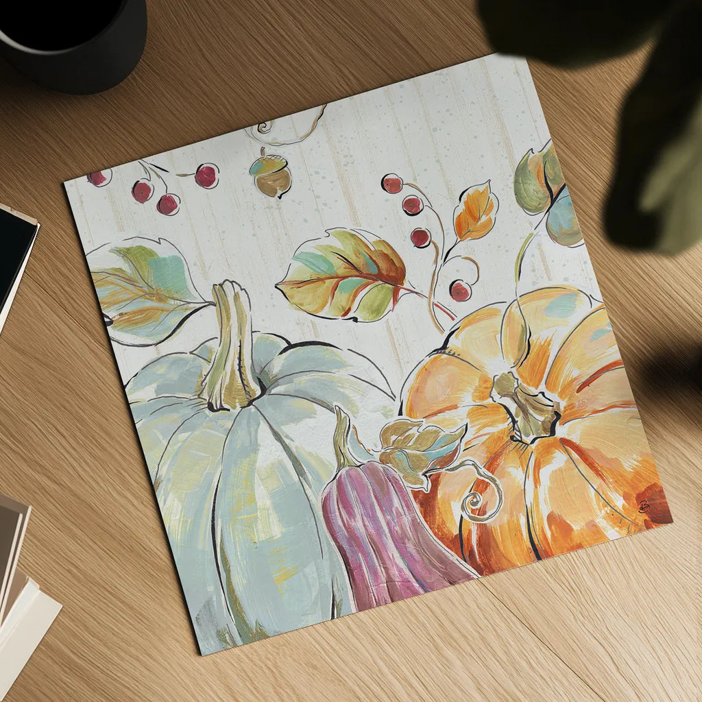 Pumpkin Patch II by Daphne Brissonnet. Shown as a detailed flat fine art print, highlighting archival giclee quality. Available as an archival giclee rolled canvas, fine art paper, or poster print. SKU 38492a.