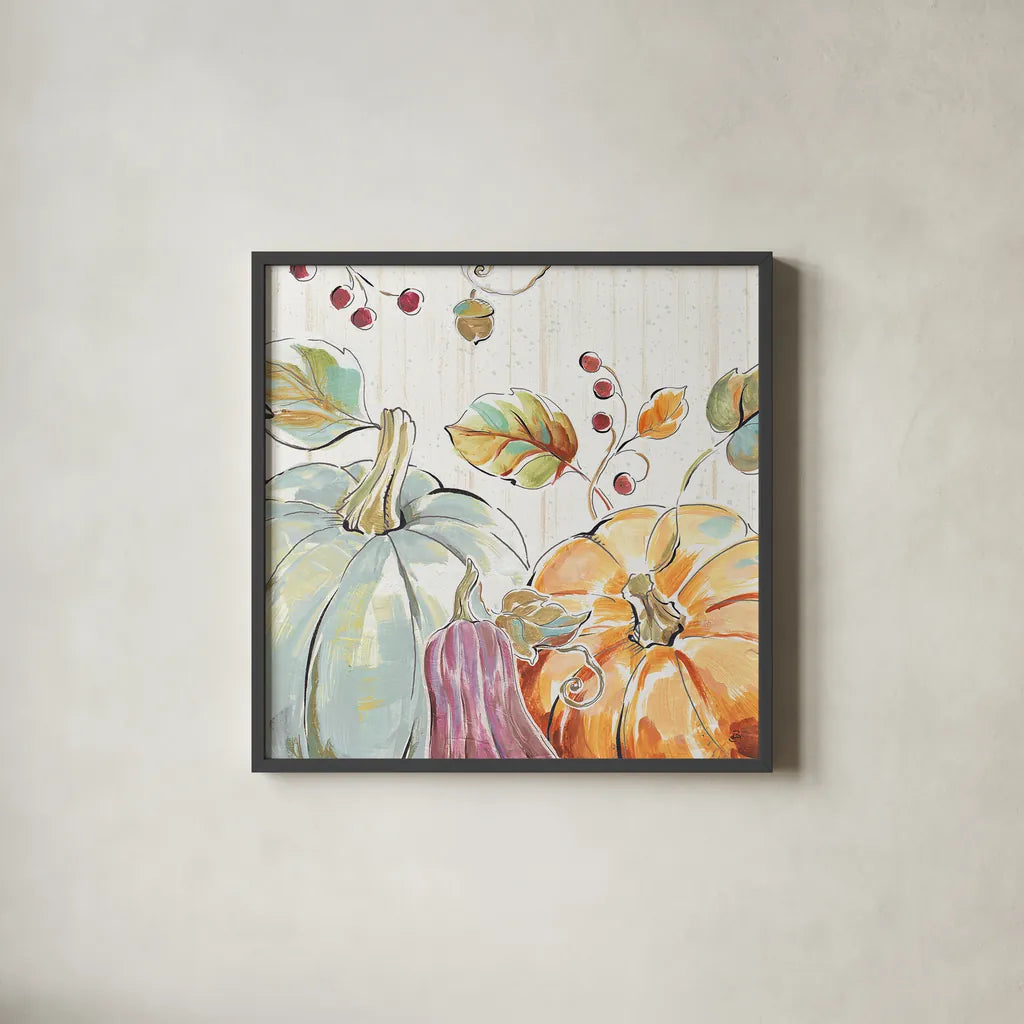 Pumpkin Patch II by Daphne Brissonnet. Shown in a sleek black glass frame for a contemporary gallery look. Available as an archival giclee rolled canvas, fine art paper, or poster print. SKU 38492a.