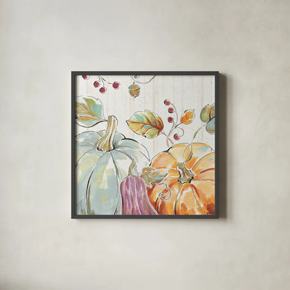 Pumpkin Patch II by Daphne Brissonnet. Shown in a sleek black glass frame for a contemporary gallery look. Available as an archival giclee rolled canvas, fine art paper, or poster print. SKU 38492a.