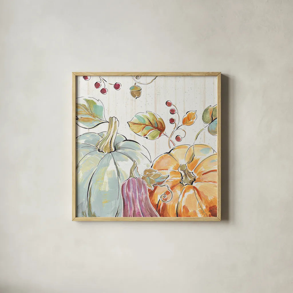 Pumpkin Patch II by Daphne Brissonnet. Shown in a natural wood glass frame for a timeless modern aesthetic. Available as an archival giclee rolled canvas, fine art paper, or poster print. SKU 38492a.
