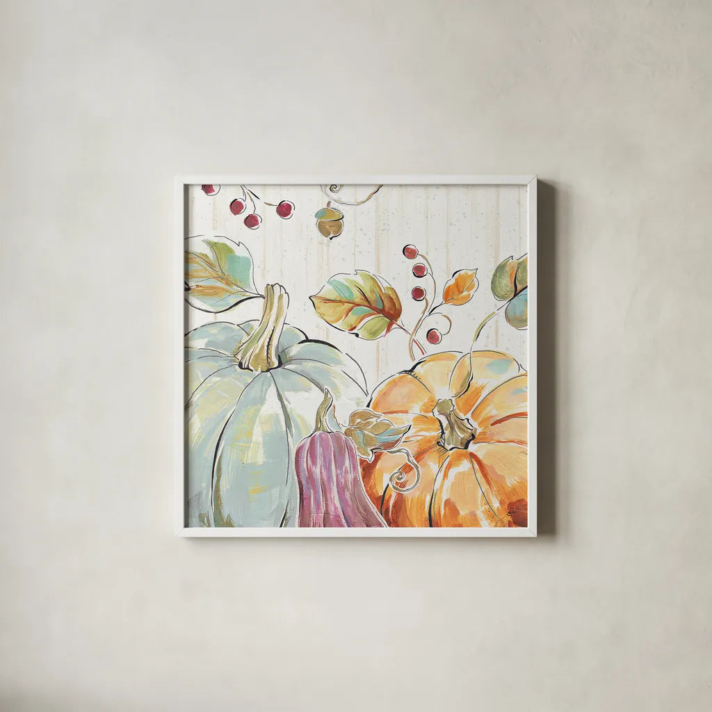 Pumpkin Patch II by Daphne Brissonnet. Shown in a crisp white glass frame for a clean and minimalist style. Available as an archival giclee rolled canvas, fine art paper, or poster print. SKU 38492a.