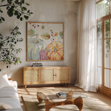 Pumpkin Patch II by Daphne Brissonnet. Shown in a natural wood frame in a cozy modern living room. Available as an archival giclee rolled canvas, fine art paper, or poster print. SKU 38492a.