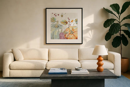 Pumpkin Patch II by Daphne Brissonnet. Displayed in a glass frame with matte in a clean modern living room. Available as an archival giclee rolled canvas, fine art paper, or poster print. SKU 38492a.