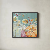 Pumpkin Patch II Aqua by Daphne Brissonnet. Shown in a sleek black glass frame for a contemporary gallery look. Available as an archival giclee rolled canvas, fine art paper, or poster print. SKU 38506a.