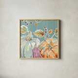 Pumpkin Patch II Aqua by Daphne Brissonnet. Shown in a natural wood glass frame for a timeless modern aesthetic. Available as an archival giclee rolled canvas, fine art paper, or poster print. SKU 38506a.