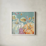 Pumpkin Patch II Aqua by Daphne Brissonnet. Shown in a crisp white glass frame for a clean and minimalist style. Available as an archival giclee rolled canvas, fine art paper, or poster print. SKU 38506a.