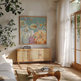 Pumpkin Patch II Aqua by Daphne Brissonnet. Shown in a natural wood frame in a cozy modern living room. Available as an archival giclee rolled canvas, fine art paper, or poster print. SKU 38506a.