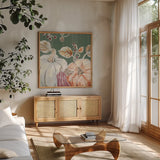 Pumpkin Patch II Dark by Daphne Brissonnet. Shown in a natural wood frame in a cozy modern living room. Available as an archival giclee rolled canvas, fine art paper, or poster print. SKU 59588a.