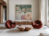 Pumpkin Patch II Dark by Daphne Brissonnet. Shown as extra-large giant wall art in a modern living room. Available as an archival giclee rolled canvas, fine art paper, or poster print. SKU 59588a.