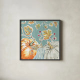 Pumpkin Patch III Aqua by Daphne Brissonnet. Shown in a sleek black glass frame for a contemporary gallery look. Available as an archival giclee rolled canvas, fine art paper, or poster print. SKU 38507a.