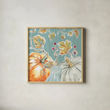 Pumpkin Patch III Aqua by Daphne Brissonnet. Shown in a natural wood glass frame for a timeless modern aesthetic. Available as an archival giclee rolled canvas, fine art paper, or poster print. SKU 38507a.