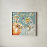Pumpkin Patch III Aqua by Daphne Brissonnet. Shown in a crisp white glass frame for a clean and minimalist style. Available as an archival giclee rolled canvas, fine art paper, or poster print. SKU 38507a.