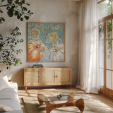 Pumpkin Patch III Aqua by Daphne Brissonnet. Shown in a natural wood frame in a cozy modern living room. Available as an archival giclee rolled canvas, fine art paper, or poster print. SKU 38507a.