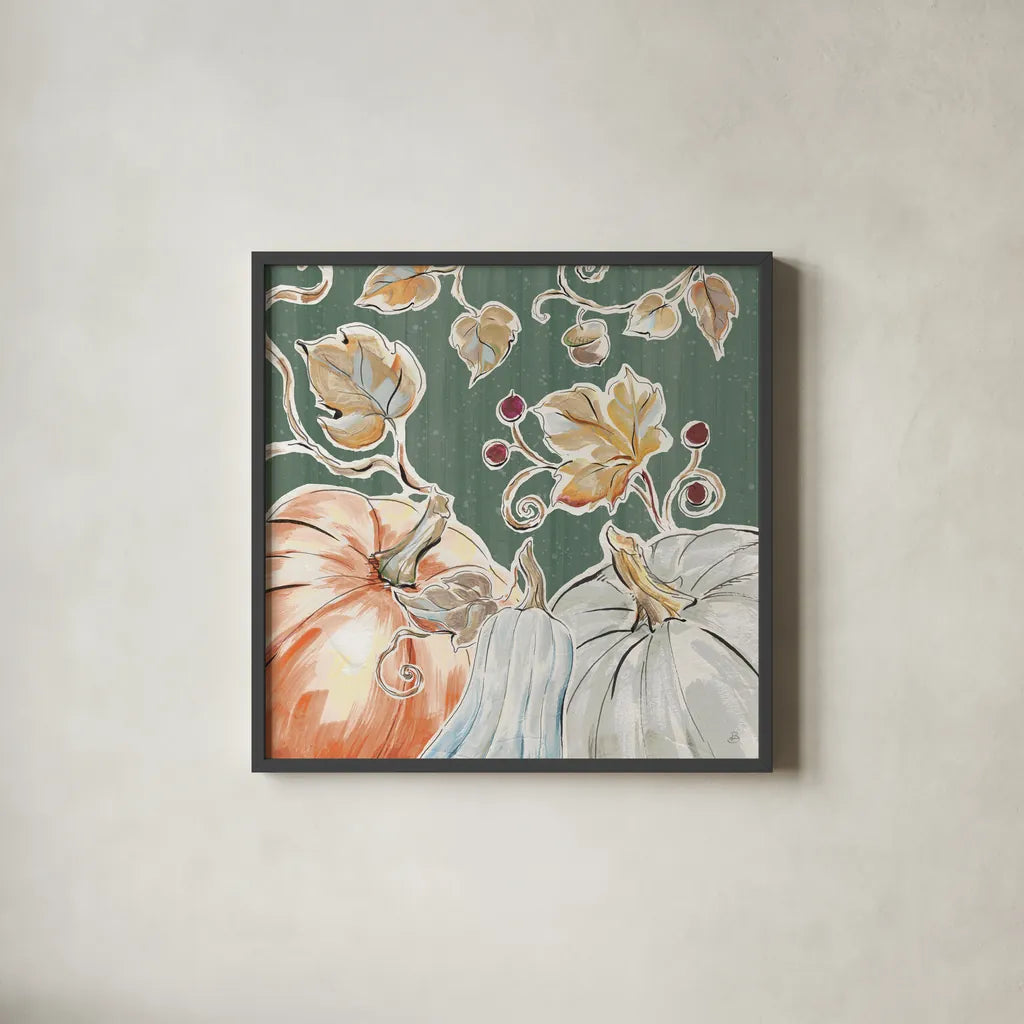Pumpkin Patch III Dark by Daphne Brissonnet. Shown in a sleek black glass frame for a contemporary gallery look. Available as an archival giclee rolled canvas, fine art paper, or poster print. SKU 59589a.