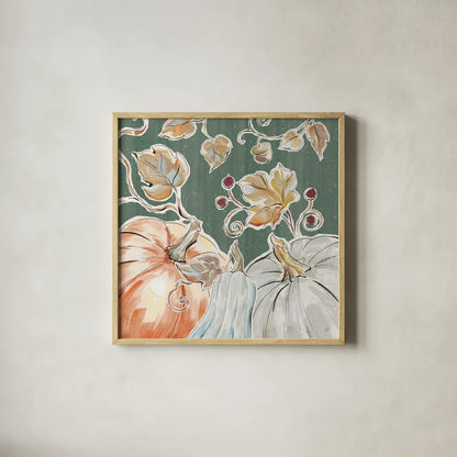 Pumpkin Patch III Dark by Daphne Brissonnet. Shown in a natural wood glass frame for a timeless modern aesthetic. Available as an archival giclee rolled canvas, fine art paper, or poster print. SKU 59589a.