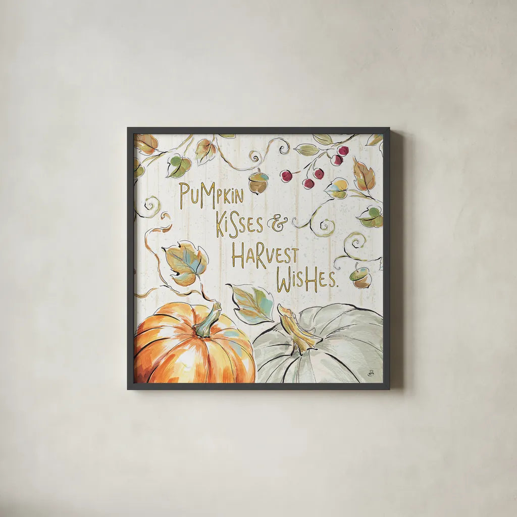 Pumpkin Patch IV by Daphne Brissonnet. Shown in a sleek black glass frame for a contemporary gallery look. Available as an archival giclee rolled canvas, fine art paper, or poster print. SKU 38494a.