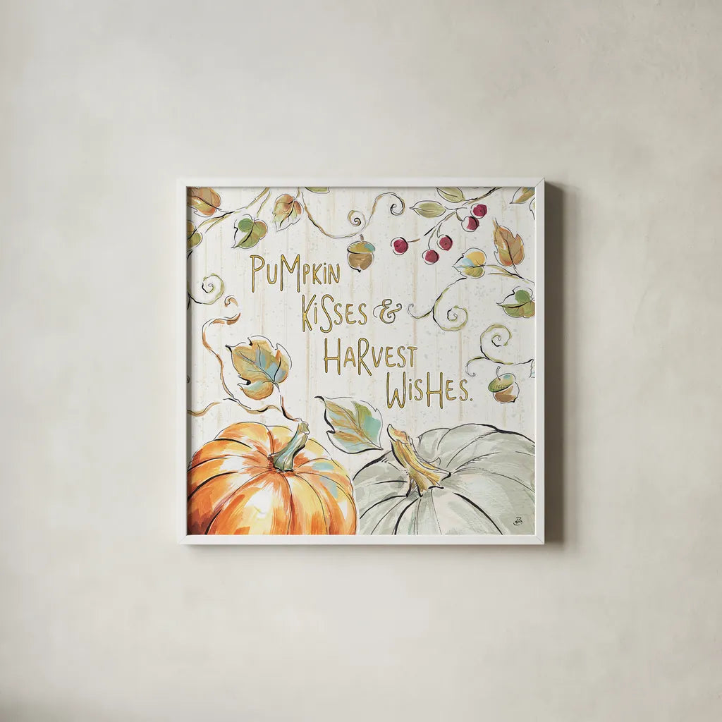 Pumpkin Patch IV by Daphne Brissonnet. Shown in a crisp white glass frame for a clean and minimalist style. Available as an archival giclee rolled canvas, fine art paper, or poster print. SKU 38494a.