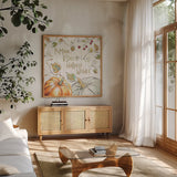 Pumpkin Patch IV by Daphne Brissonnet. Shown in a natural wood frame in a cozy modern living room. Available as an archival giclee rolled canvas, fine art paper, or poster print. SKU 38494a.