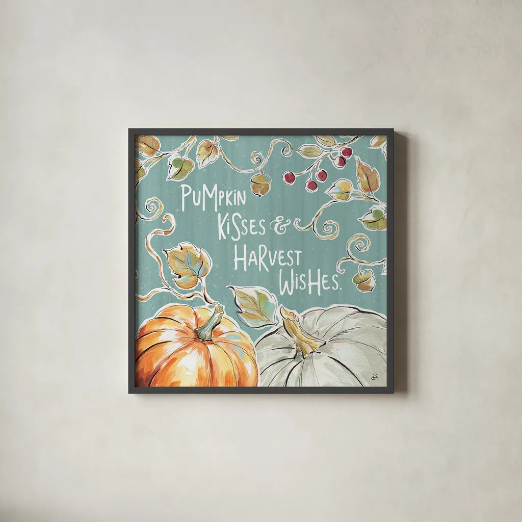 Pumpkin Patch IV Aqua by Daphne Brissonnet. Shown in a sleek black glass frame for a contemporary gallery look. Available as an archival giclee rolled canvas, fine art paper, or poster print. SKU 38508a.