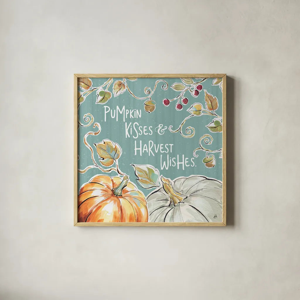 Pumpkin Patch IV Aqua by Daphne Brissonnet. Shown in a natural wood glass frame for a timeless modern aesthetic. Available as an archival giclee rolled canvas, fine art paper, or poster print. SKU 38508a.