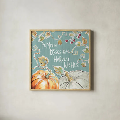 Pumpkin Patch IV Aqua by Daphne Brissonnet. Shown in a natural wood glass frame for a timeless modern aesthetic. Available as an archival giclee rolled canvas, fine art paper, or poster print. SKU 38508a.