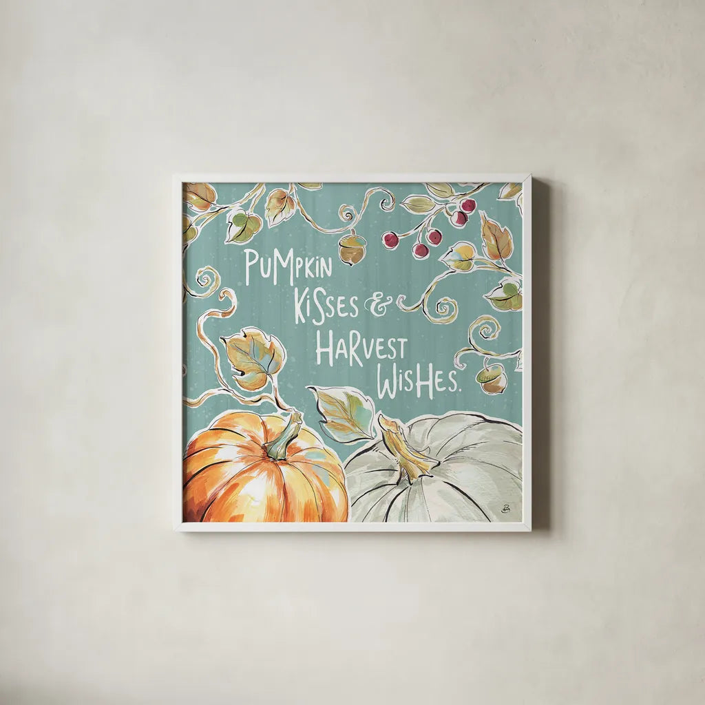 Pumpkin Patch IV Aqua by Daphne Brissonnet. Shown in a crisp white glass frame for a clean and minimalist style. Available as an archival giclee rolled canvas, fine art paper, or poster print. SKU 38508a.