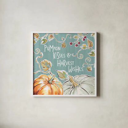 Pumpkin Patch IV Aqua by Daphne Brissonnet. Shown in a crisp white glass frame for a clean and minimalist style. Available as an archival giclee rolled canvas, fine art paper, or poster print. SKU 38508a.