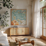 Pumpkin Patch IV Aqua by Daphne Brissonnet. Shown in a natural wood frame in a cozy modern living room. Available as an archival giclee rolled canvas, fine art paper, or poster print. SKU 38508a.