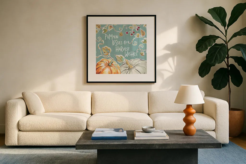 Pumpkin Patch IV Aqua by Daphne Brissonnet. Displayed in a glass frame with matte in a clean modern living room. Available as an archival giclee rolled canvas, fine art paper, or poster print. SKU 38508a.