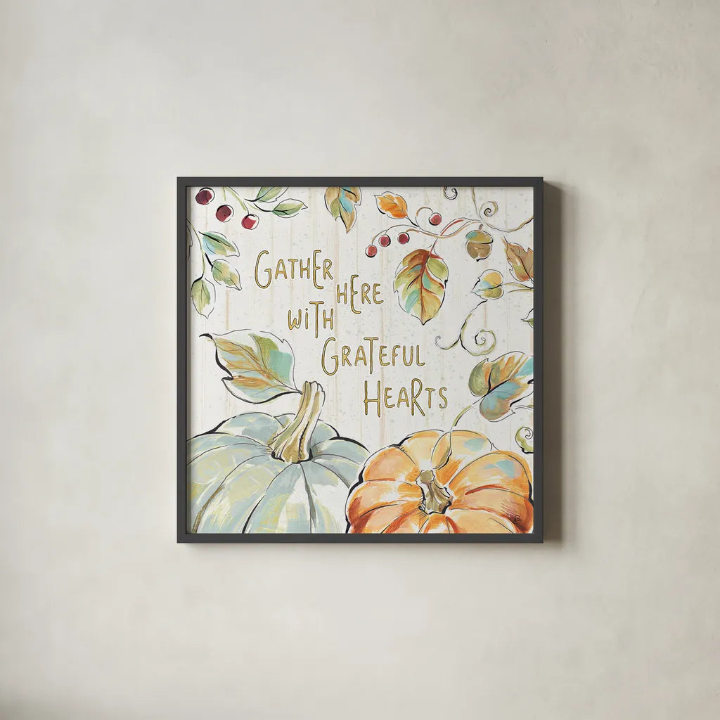 Pumpkin Patch V by Daphne Brissonnet. Shown in a sleek black glass frame for a contemporary gallery look. Available as an archival giclee rolled canvas, fine art paper, or poster print. SKU 38495a.