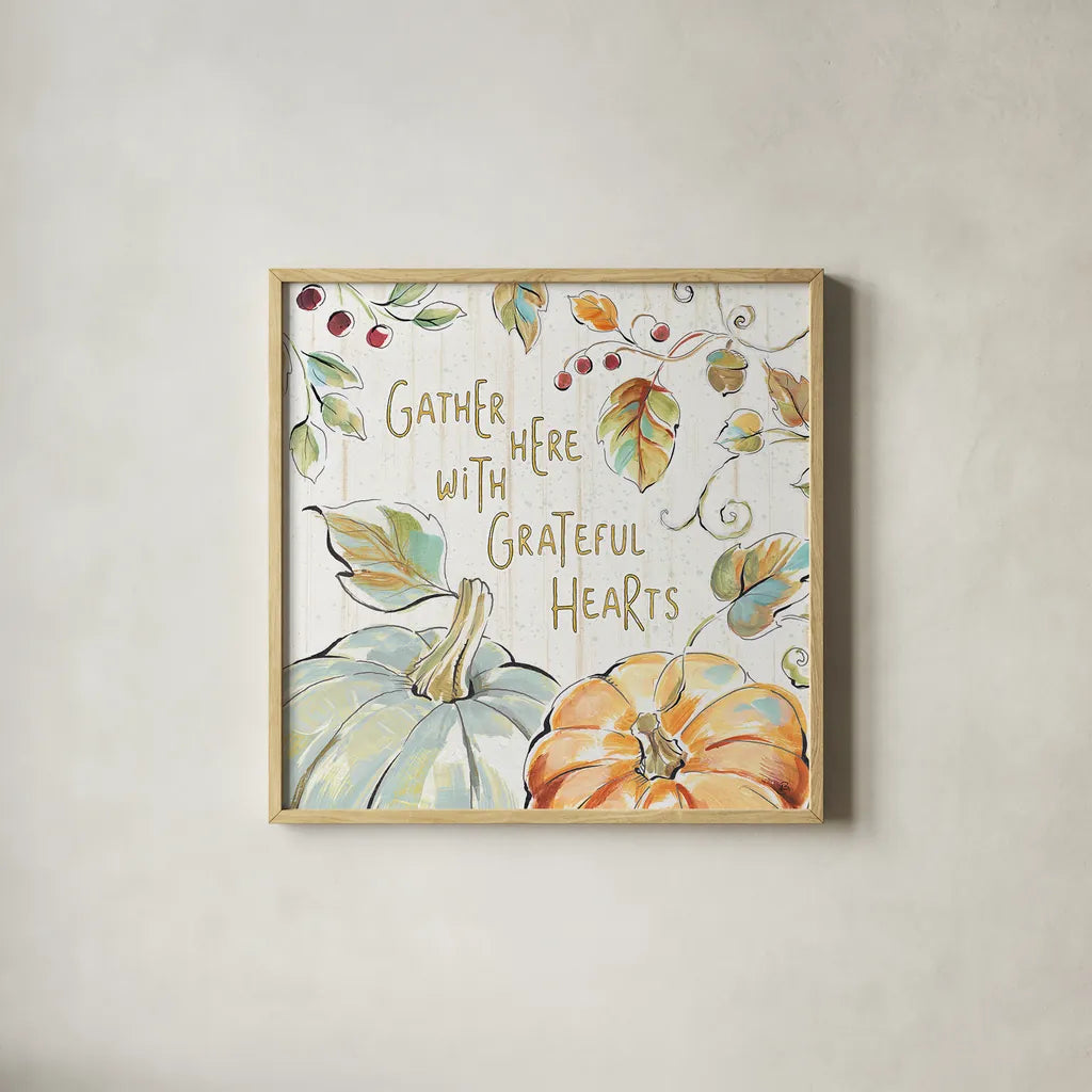 Pumpkin Patch V by Daphne Brissonnet. Shown in a natural wood glass frame for a timeless modern aesthetic. Available as an archival giclee rolled canvas, fine art paper, or poster print. SKU 38495a.