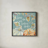 Pumpkin Patch V Aqua by Daphne Brissonnet. Shown in a sleek black glass frame for a contemporary gallery look. Available as an archival giclee rolled canvas, fine art paper, or poster print. SKU 38509a.