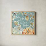 Pumpkin Patch V Aqua by Daphne Brissonnet. Shown in a natural wood glass frame for a timeless modern aesthetic. Available as an archival giclee rolled canvas, fine art paper, or poster print. SKU 38509a.