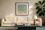 Pumpkin Patch VI Aqua by Daphne Brissonnet. Displayed in a glass frame with matte in a clean modern living room. Available as an archival giclee rolled canvas, fine art paper, or poster print. SKU 38510a.